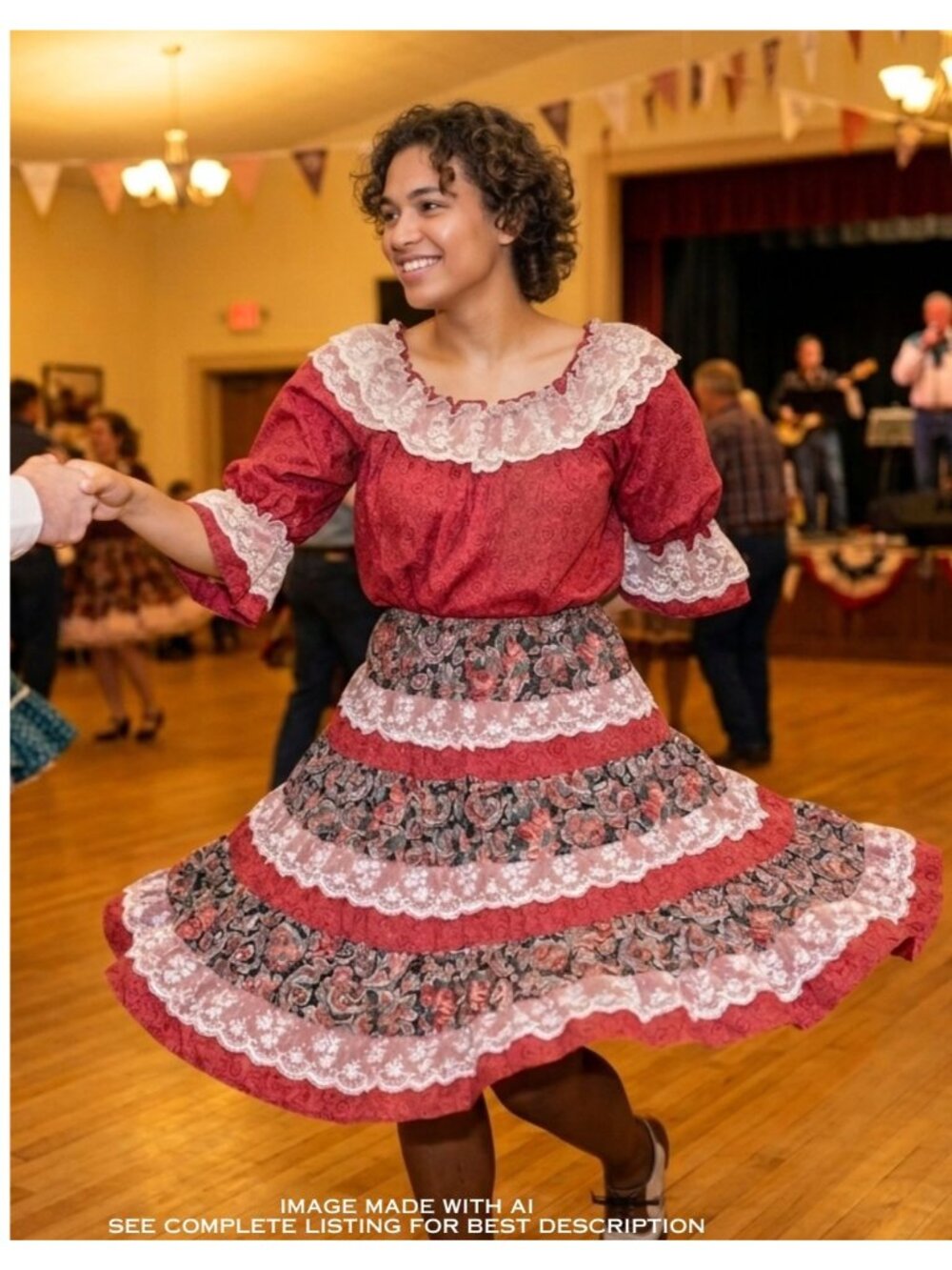VTG Square Up Square Dancing Outfit L Patchwork Tiered Western 100% Cotton